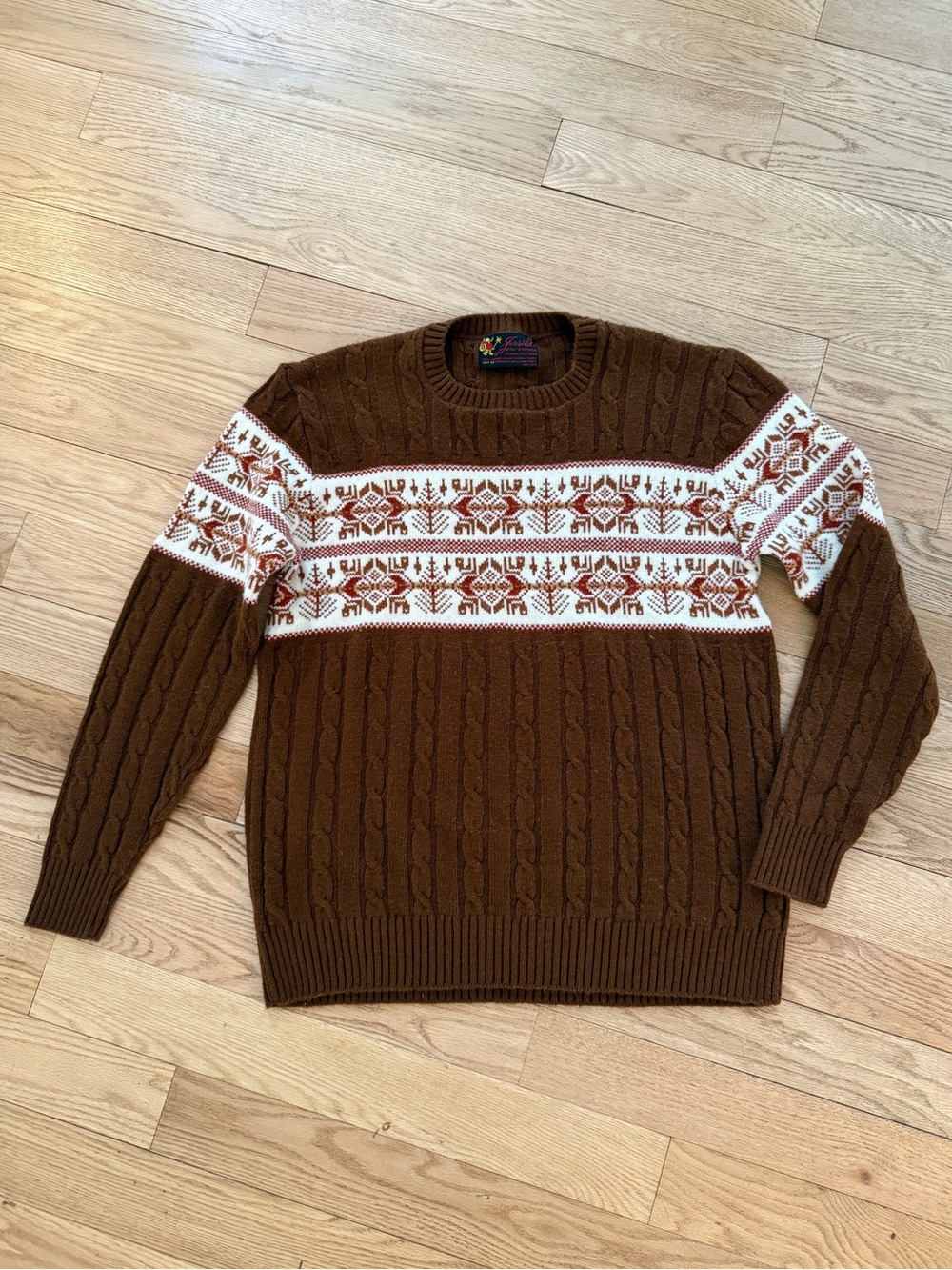 Vintage Jersild Brown Cable Nordic Knit Sweater with Fair Isle Yoke Large